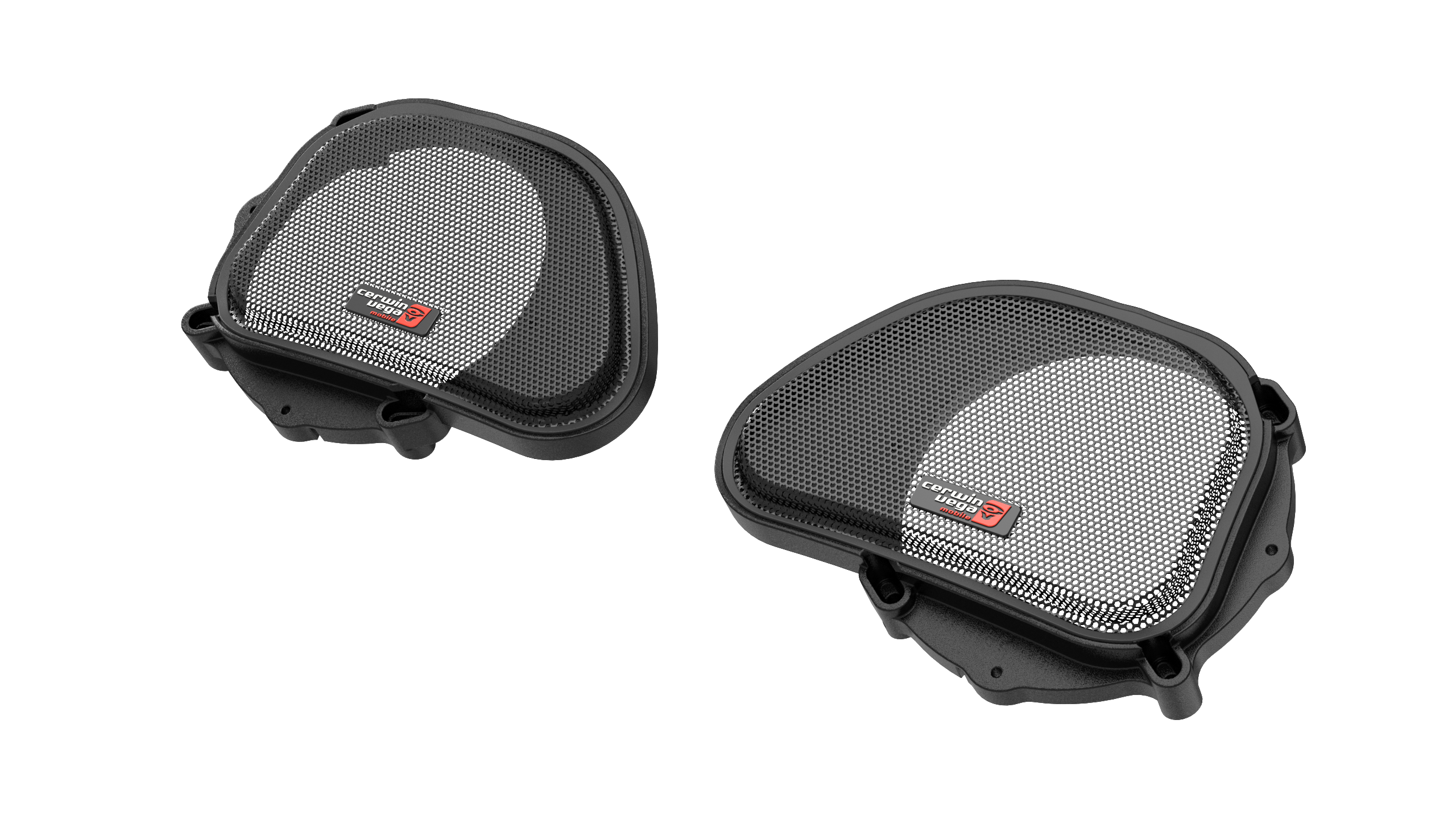 The 1998-2013 Harley Davidson® Road Glide fairing speaker grills, featuring black and gray mesh with Cerwin Vega logos at the bottom left, exude a sleek, modern touch. Their sturdy frame and fine mesh safeguard inner components against a white background.